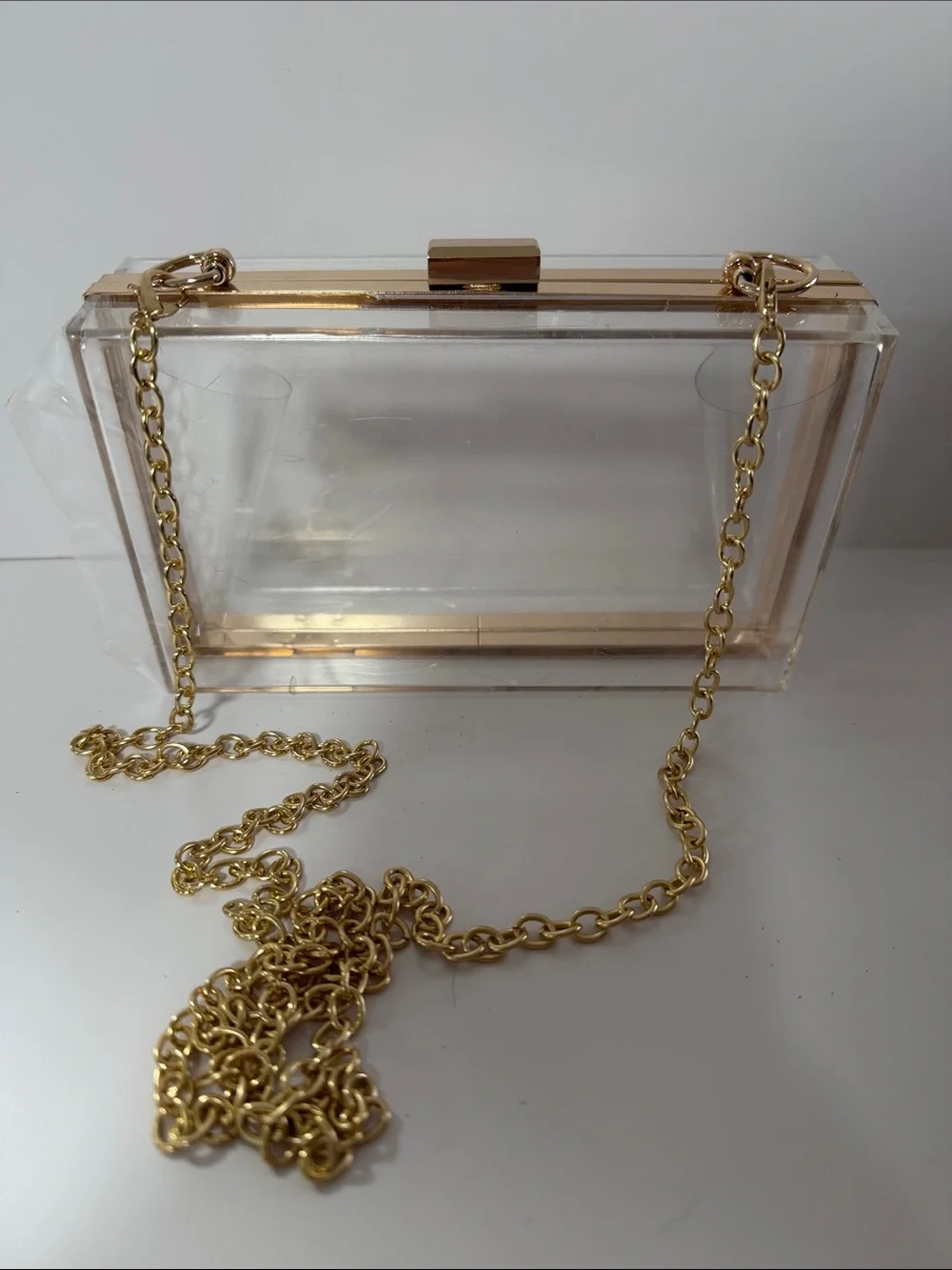Clear Acrylic Box Clutch with Gold Chain Strap